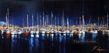 Barcos en muelle azul Kal Gajoum Pinturas al óleo